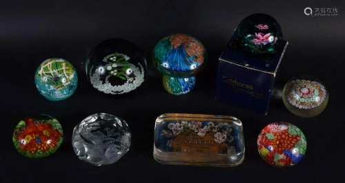 A MDINA GLASS TOAD STOOL PAPERWEIGHT together with