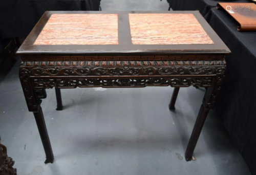A LATE 19TH CENTURY CHINESE MARBLE INSET HARDWOOD