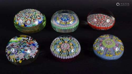 SIX EUROPEAN MILLIFIORE GLASS PAPERWEIGHTS of various