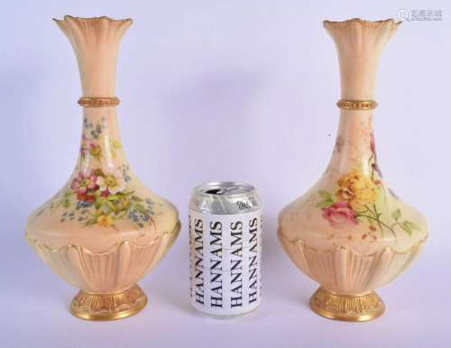 Royal Worcester pair of blush ivory vases painted with