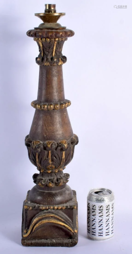 A LARGE EARLY VICTORIAN GILDED OAK PEDESTAL WOOD LAMP