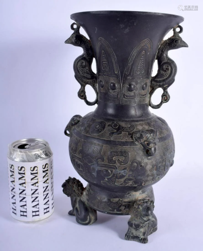 A LARGE CHINESE TWIN HANDLED BRONZE VASE 20th Century,