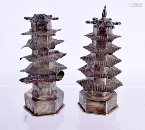 A PAIR OF EARLY 20TH CENTURY CHINESE SILVER PAGODA