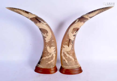 A LARGE PAIR OF EARLY 20TH CENTURY EASTERN CARVED HORN