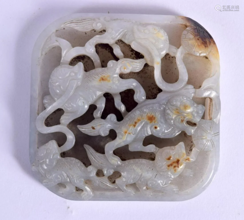 A 19TH CENTURY CHINESE GREYISH WHITE JADE SQUARE FORM