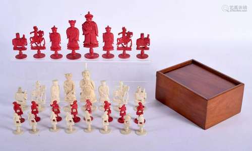 A MID 19TH CENTURY CHINESE STAINED IVORY CHESS SET