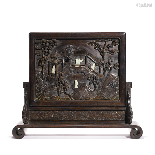 A Jade Inlaid Carved Rosewood Table Screen
