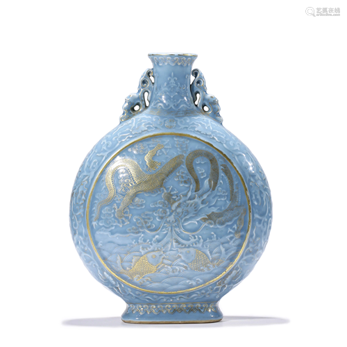 A Blue Glazed and Gilt Moon Flask, Qianlong Mark