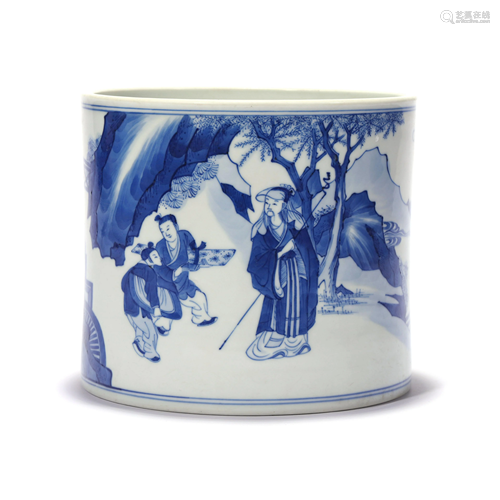 A Blue And White Children Playing Brush Pot