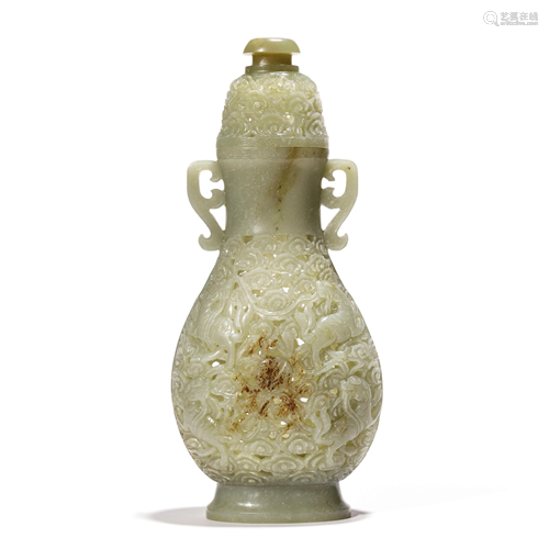 An Openwork Jade Beast And Cloud Oblate Vase And Cover