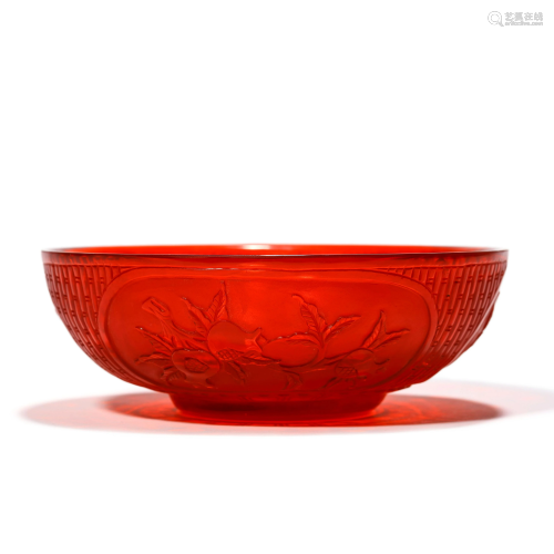 A Red Glass Fu&Shou Bowl