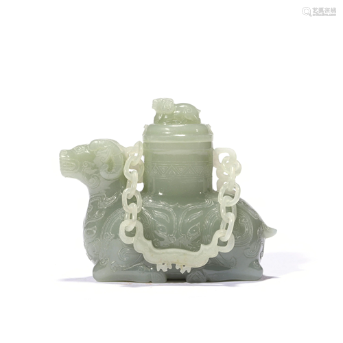 A Carved Celadon Jade Ram-Shaped Pot And Cover