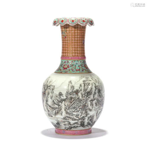 A Famille Rose Landscape Vase , Qianlong Mark