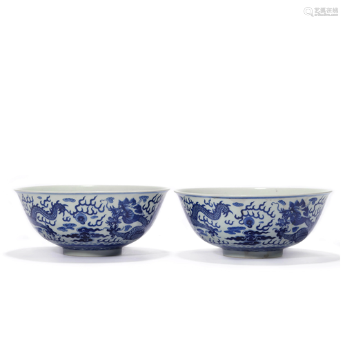 Pair Blue and White Dragon Bowls, Guangxu Mark