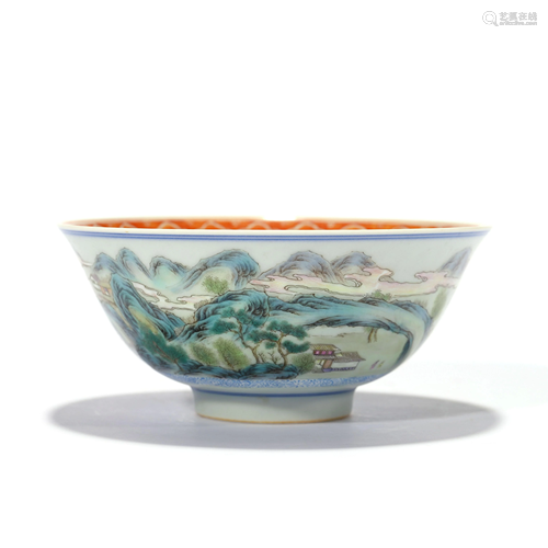 A Famille Rose Landscape Bowl, Jiajing Mark