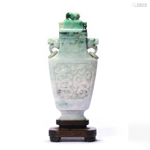 A Mottled Jadeite Dragon-Eared Square Vase
