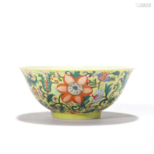 A Yellow Ground Yangcai Interlocking Lotus Bowl