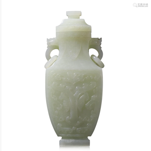 A Carved White Jade Square Vase And Cover