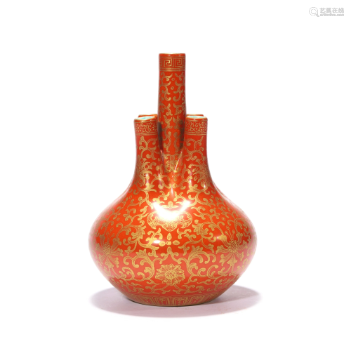 A Coral Red and Gilt Five-sprout Vase, Qianlong Mark