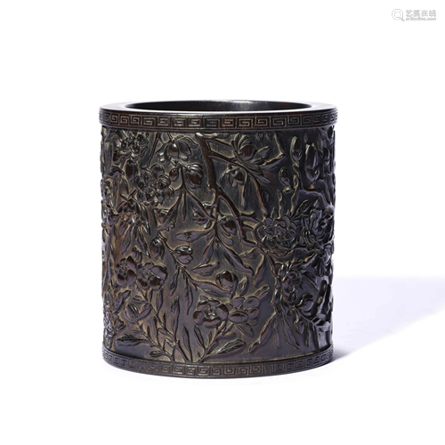 A Carved Lobular Sandalwood Peony Brush Pot