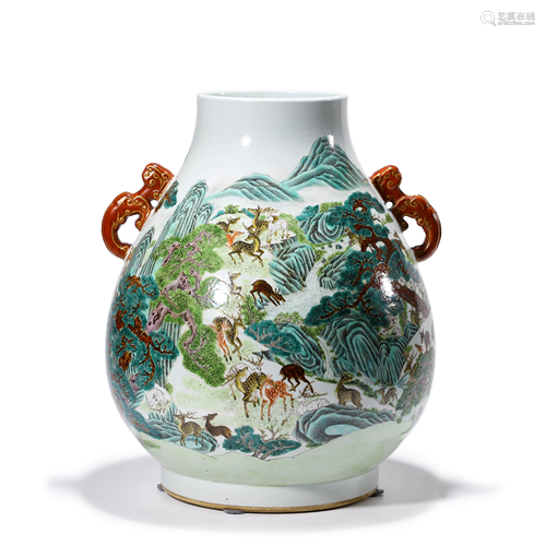 A Famille Rose Hundred Deer Zun Vase