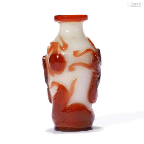 A Red Overlay White Glass Fish And Dragon Snuff Bottle