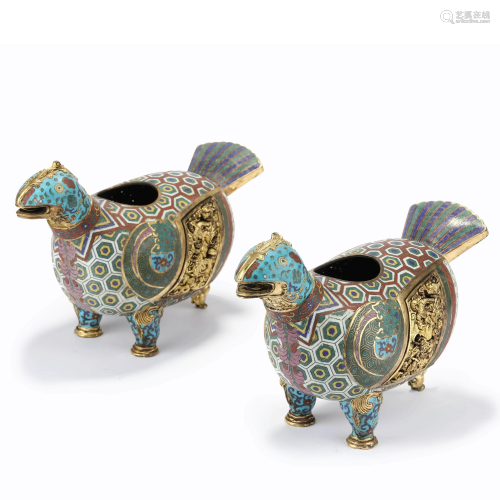 A Pair Of Cloisonne Enamel Rooster-Shaped Vessel