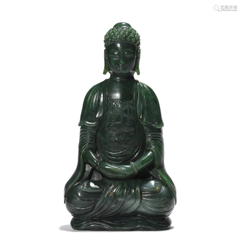 A Carved Spinach-Green Jade Figure Of Buddha