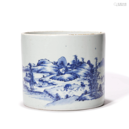A Blue And White Landscape And Figure Brush Pot