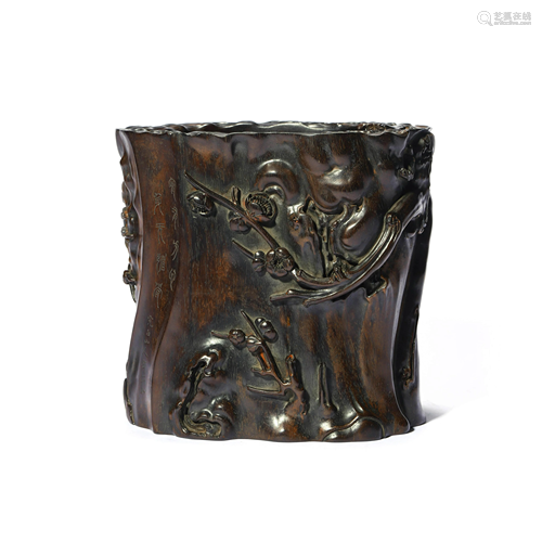 A Carved Relief-Decorated Prunus Brush Pot