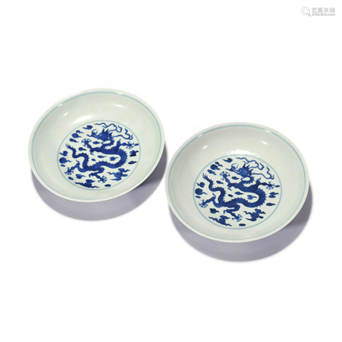 A Pair Of Blue And White Dragon And Cloud Plates