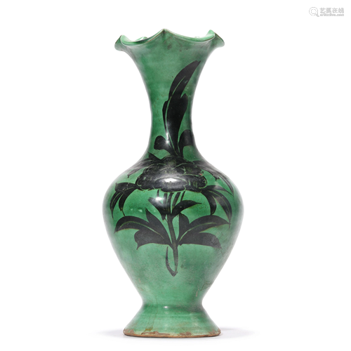 A Green Ground Black Painted Foliated-Mouth Vase