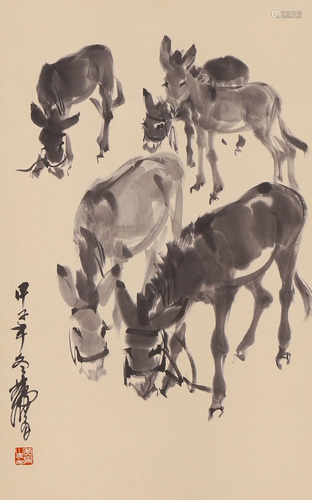 A Chinese Donkey Group Painting Scroll Signed Huang