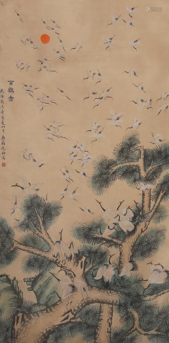 A Chinese Crane Painting Scroll Signed Shen Quan