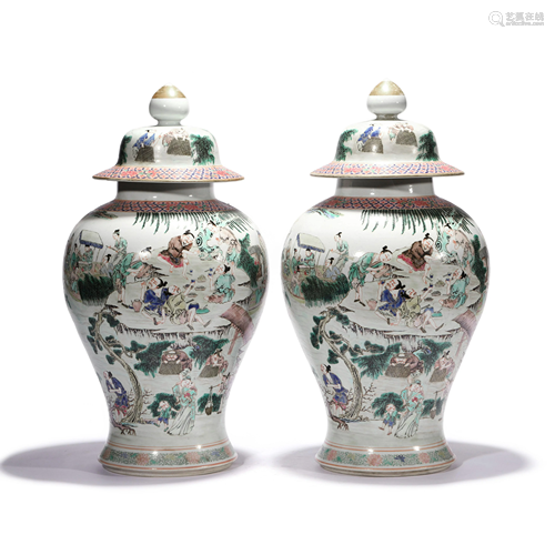 A Pair Of Wucai Scholars Jars And Covers