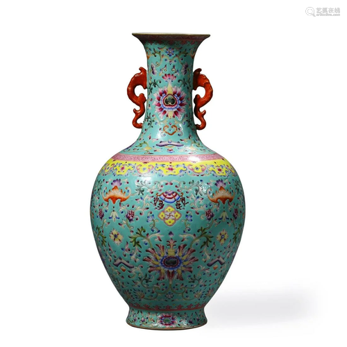 A Famille Rose Flower Chilong-Eared Vase