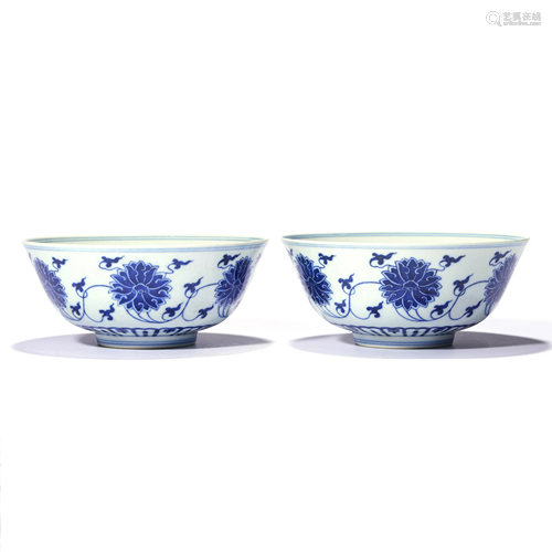 A Pair Of Blue And White Interlocking Lotus Bowls