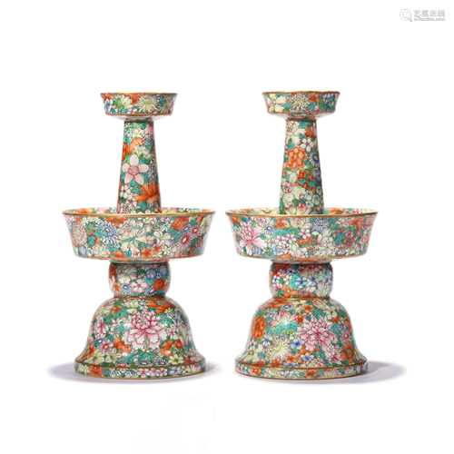 A Pair Of Famille Rose Millefleurs Candlesticks