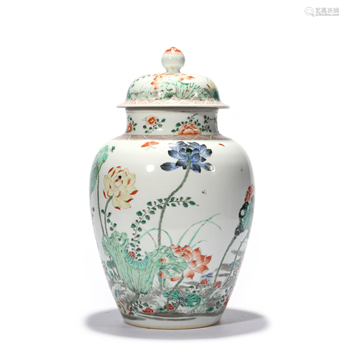 A Wucai Lotus Pond Jar And Cover