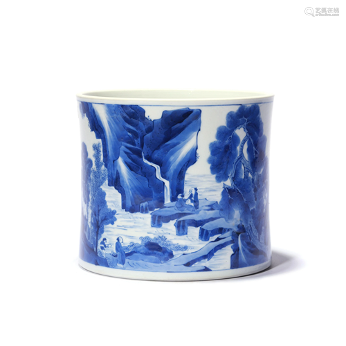 A Blue And White Landscape Brush Pot