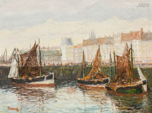 A painting 'Harbor view' oil on canvas and marked