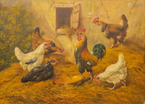 A painting 'A Rooster With Hens' oil on canvas in the