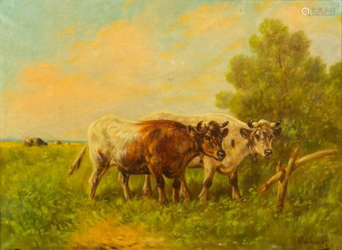 Paul SCHOUTEN (1860-1922) a painting of two cows. Oil
