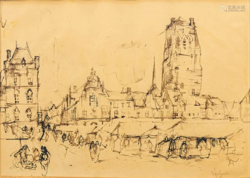 Jose VAN GUCHT (1913-1980) 'View on Ghent', mixed media