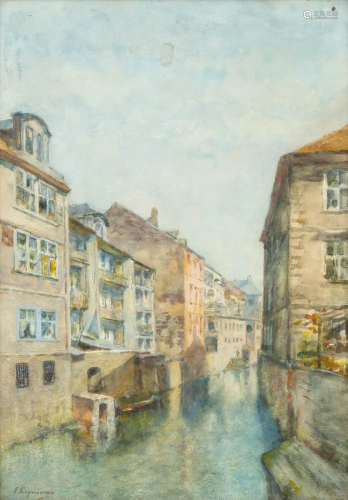 Alphonse PECQUEREAU (1831-1917) 'Canal view' Watercolor
