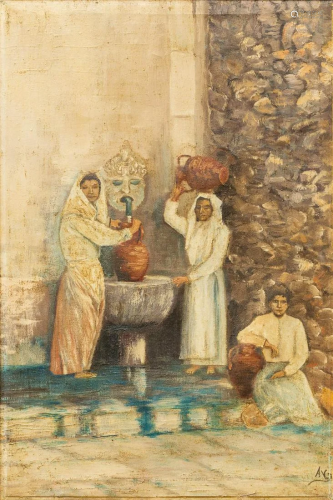 A painting of 3 ladies near the water well, oil on