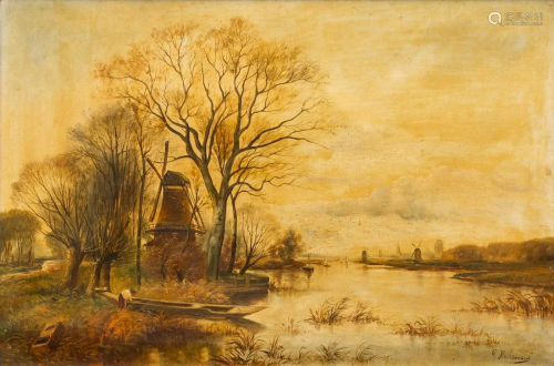 P. HEIREMANS (XIX) A landscape with windmills, oil on