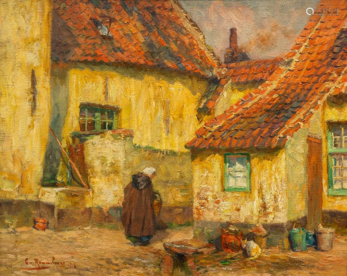 Emile ROMMELAERE (1873-1961) a lady in Bruges. Oil on