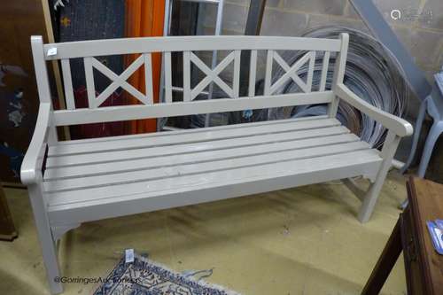 A painted teak garden bench, length 158cm, depth 58cm, heigh...