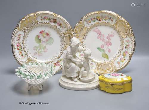 A pair Victorian dessert plates, a Parian Ware group, 'Batht...